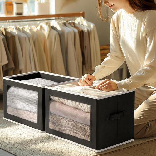 Homsorout Storage Boxes - 5 Pack Foldable Clear Window Bins with Handles | Large Black Storage Containers for Clothes, Towels, and Blankets