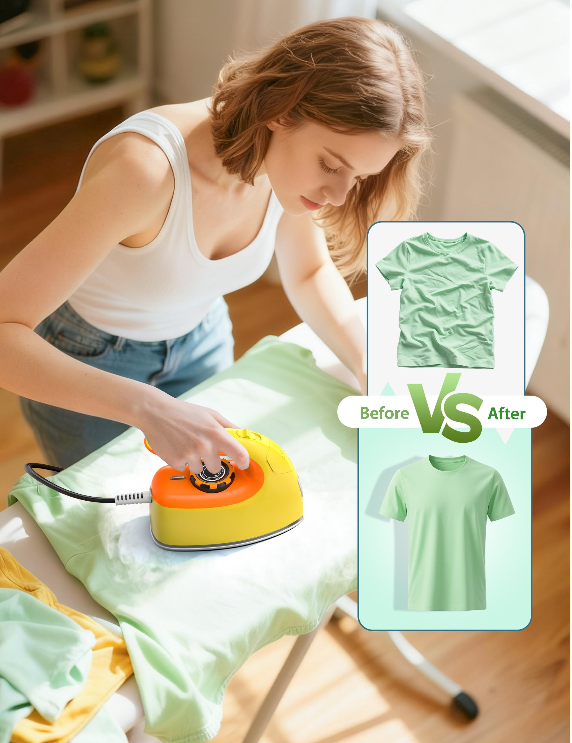 Sundu 1000W Mini Travel Steam Iron, Portable Small Iron for Quilting & Sewing, Non-Stick Soleplate, 300 Steam Holes, 90ml Tank, Safety Base & Digital Temperature Control-Yellow