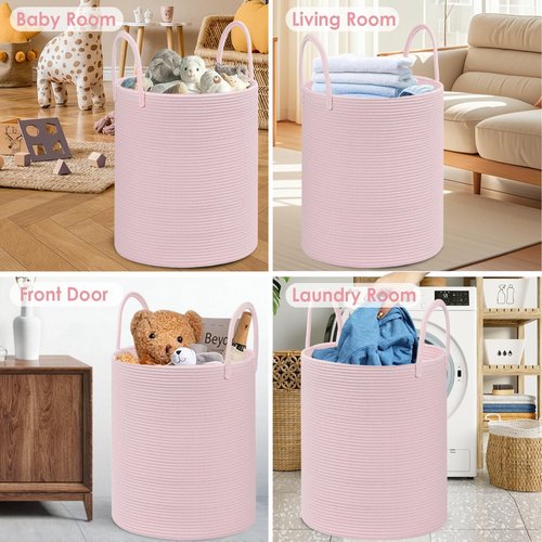 HOBASKET Cotton Rope Storage Basket with Handles, Pink, Large Capacity Laundry Hamper and Laundry Basket for Clothes, 15x18 Inches, Nursery Organizer