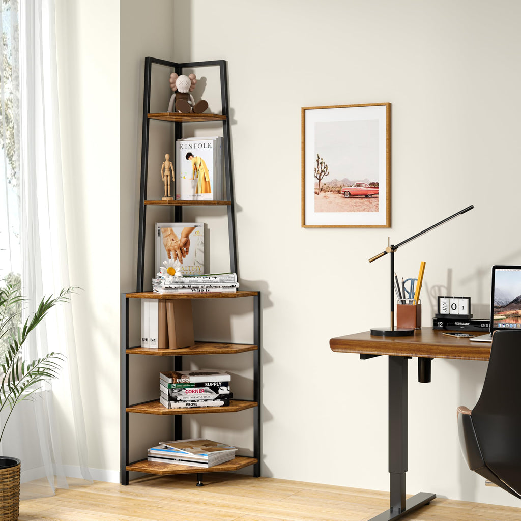 VECELO 6 Tier Corner Shelf 69 Inch Industrial Bookshelf with Metal Frame, Multipurpose Tall Plant Stand with Opening Display Shelves for Living Room, Bedroom, Home Office, Small Space, Brown