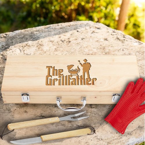 11-Piece BBQ Grill Tool Set with Engraved Maple Wood Gift Box with Stainless Steel Barbecue Accessories with Wooden Handles – The Grillfather Grilling Kit for Dad, Men, Husband