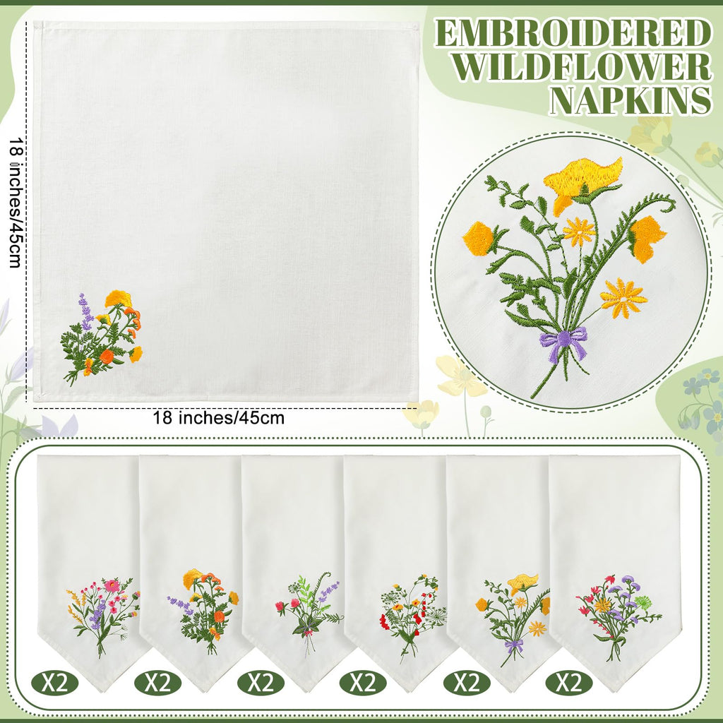 Tioncy 18 Pcs Floral Embroidery Napkins 18" Embroidery Flower Linen Cotton Napkin Bulk for Wedding Tea Cocktail Spring Flower Birthday Party Table Centerpiece Mexican Kitchen Curtain Decor (White)