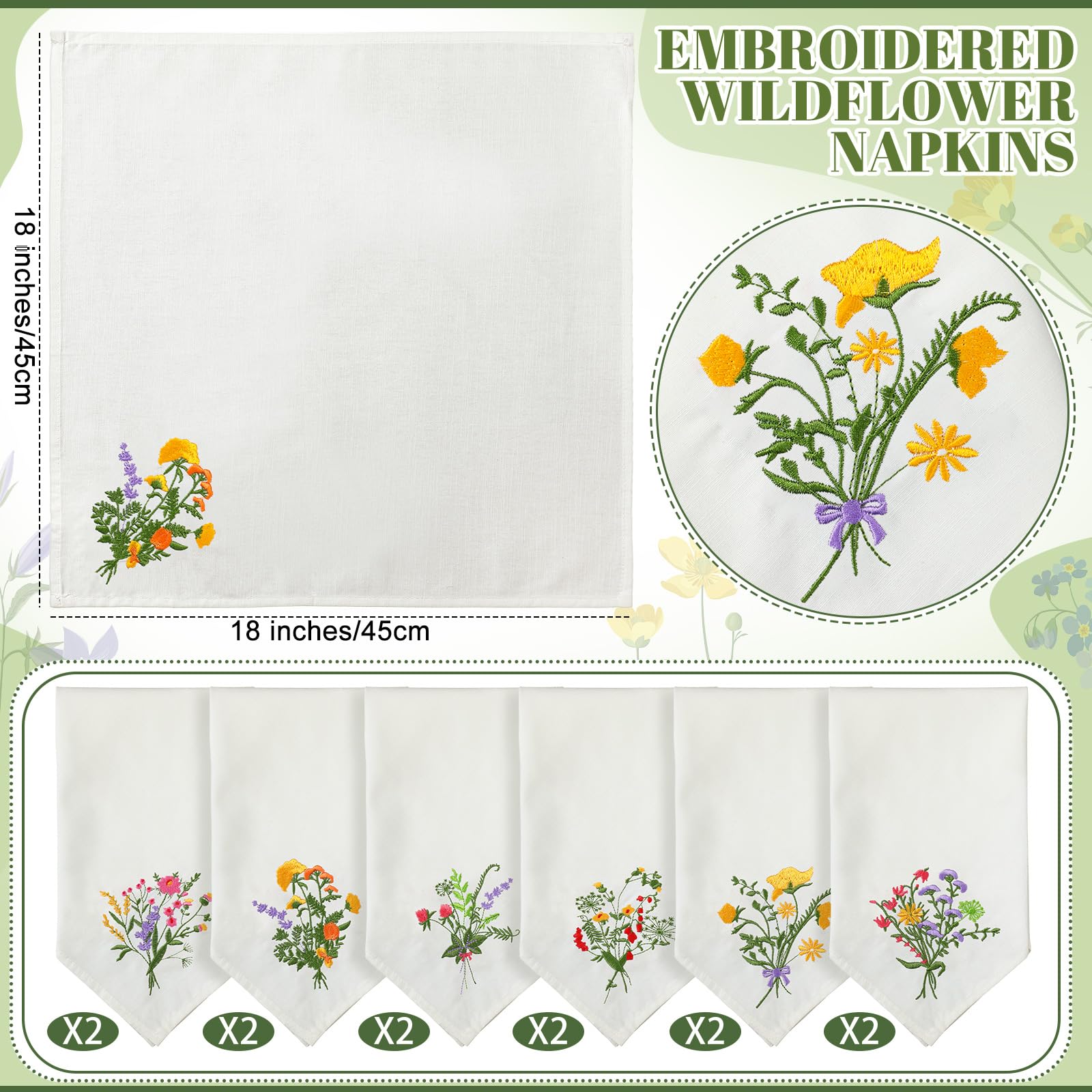 Tioncy 18 Pcs Floral Embroidery Napkins 18" Embroidery Flower Linen Cotton Napkin Bulk for Wedding Tea Cocktail Spring Flower Birthday Party Table Centerpiece Mexican Kitchen Curtain Decor (White)