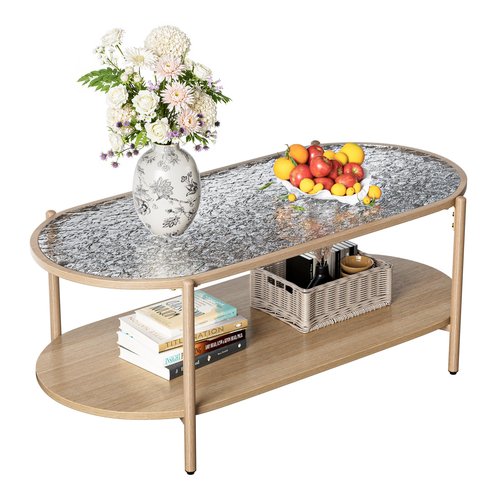 Glass Coffee Table, 44” Tea Dinner Table 2-Tier Oval Center Table Wave Pattern Tempered Glass Table Top With Anti Slip Pads, for Living Room Office Cafe Reception Room Small Space Apartment