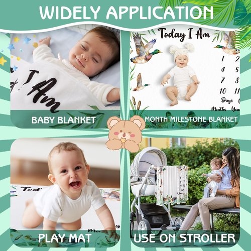Guiqulai Mallard Duck Monthly Milestone Blanket for Baby Boy Flannel Newborn Infant Swaddle Growth Chart Photography Background with Baby Birth Signs, Felt Frames, Bibs