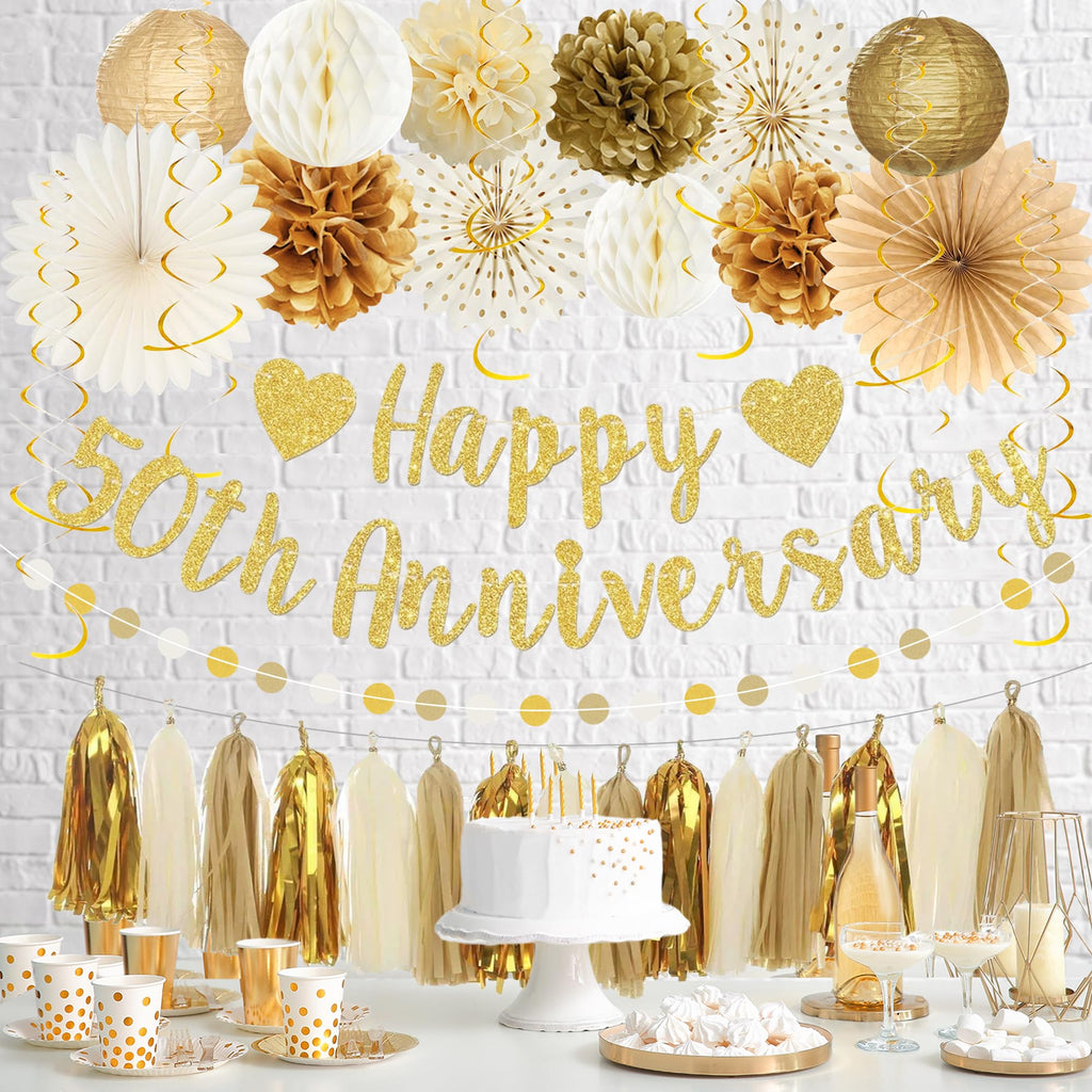 Roetyce 50th Anniversary Decorations, Gold Glitter Happy 50th Anniversary Banner Photo Background for Women Men, Cheers to 50 Years Backdrop Pompoms Paper Fans Party Supplies Dad Mom