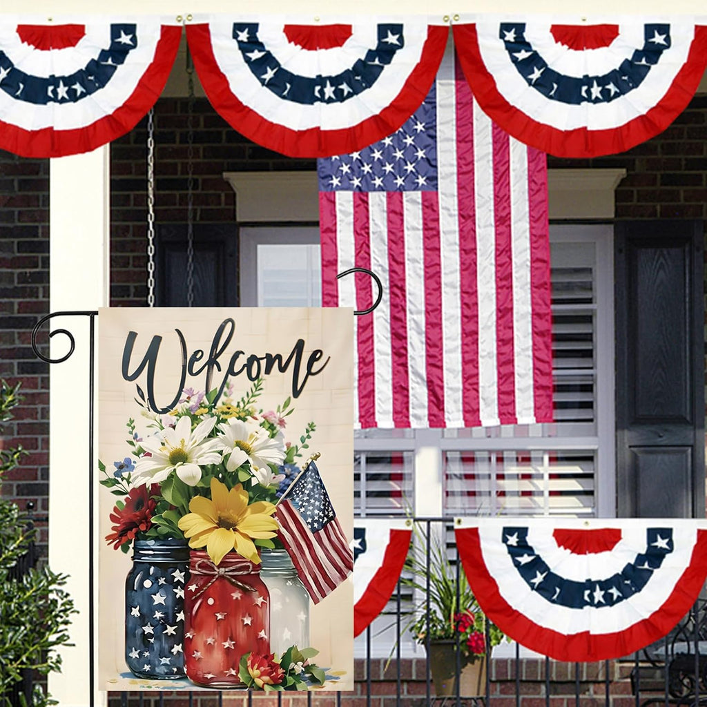 Patriotic 4th of July Mason Jar Flowers Garden Flag - Double-Sided Burlap 12x18 for Summer Celebrations