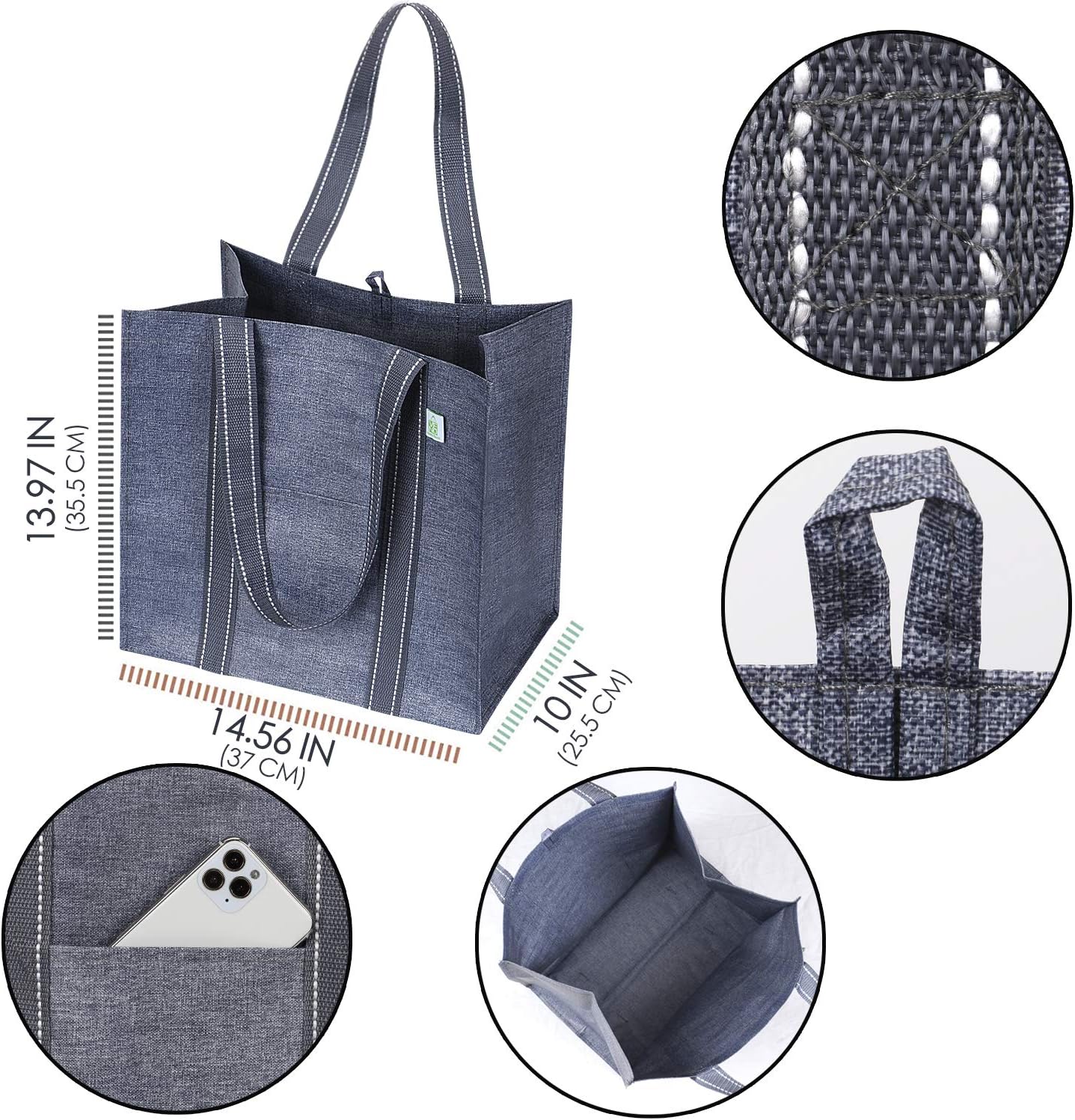 VENO Reusable Grocery Bags - Heavy-Duty Shopping Bags with Handles | Foldable & Upright Design (Gray, 4 Pack)
