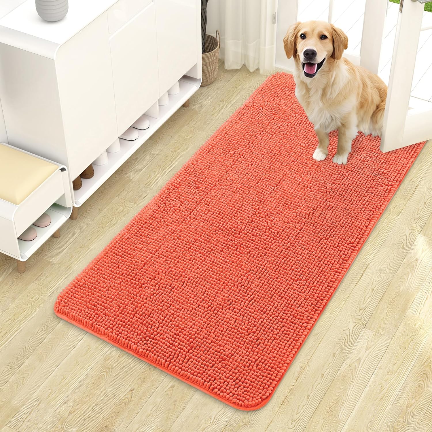 OLANLY Dog Door Mat - Absorbent Non-Slip Washable Doormat for Muddy Paws | 44x24 Coral Size