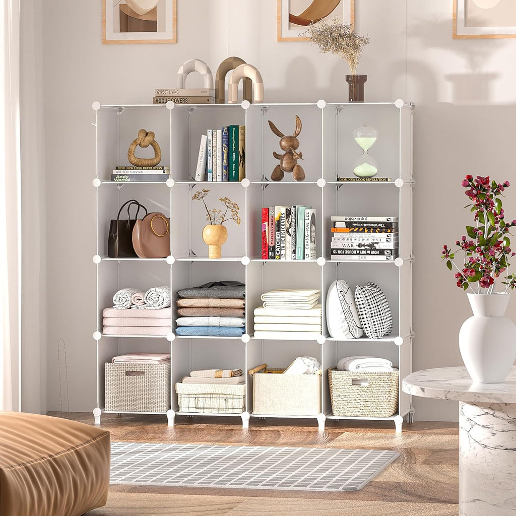 Neprock 16-Cubby Storage Organizer - Versatile Closet Shelves for Clothing & Books | White Finish