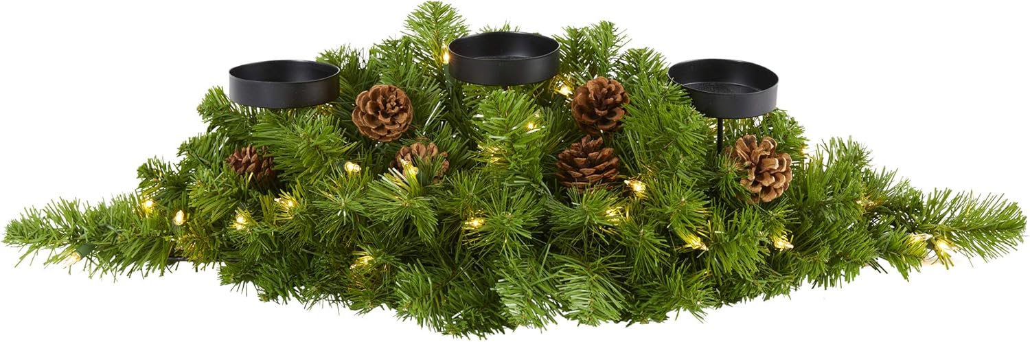 Nearly Natural 30-Inch Christmas Artificial Pine Candelabrum - 35 Clear Lights & Pine Cones