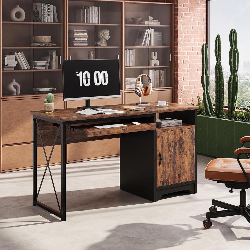 Bestier Office Desk - 47 Inch Industrial Computer Desk with Keyboard Tray & File Cabinet | Rustic Brown