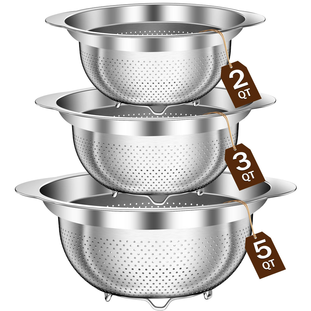 Stainless Steel Colander for Kitchen, Stainless Steel Strainer, Pasta Strainer for Spaghetti Fruit Cooking Food, 3 Pcs Strainers and Colanders(2QT, 3QT, 5QT), Dishwasher Safe, Kitchen Present