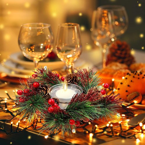 Dingion Christmas Candle Rings Set - 8 Pieces with Berry and Pinecone Holders for Votive Tapers