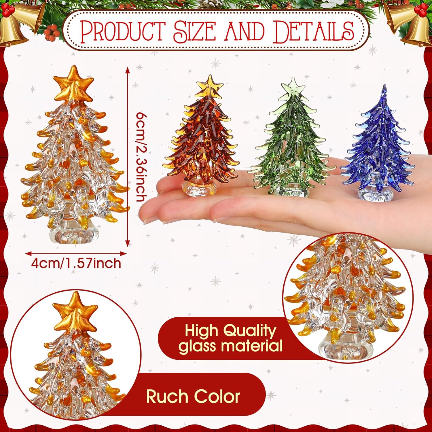 Thyle Mini Colorful Crystal Christmas Tree Figurines - 4 Pcs 2.4 Inch Holiday Decor Statues