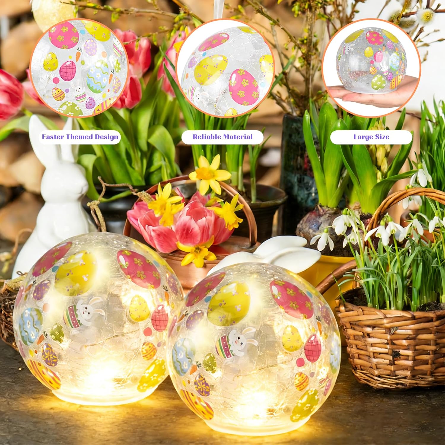 Skiennix Easter Glass Ball Lights - 3.93'' LED Bunny & Egg Decorative Table Lamps | Battery Operated Holiday Decor