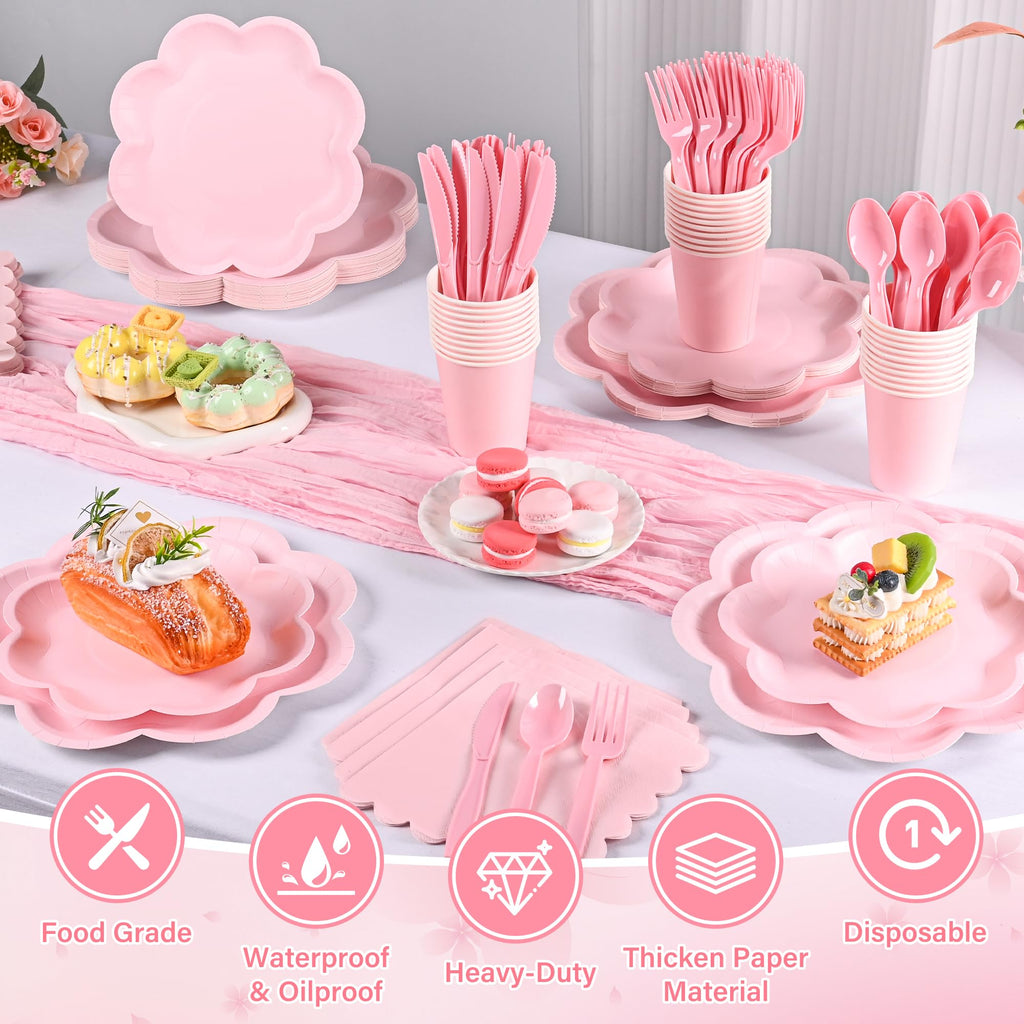 350 Pcs Pink Paper Plates and Napkins Set, Tableware Set for 50 Guests Include Disposable Pink Scalloped Plates, Napkins, Cups, Knives, Forks & Spoon for Baby Shower Mother's Day Wedding Birthday
