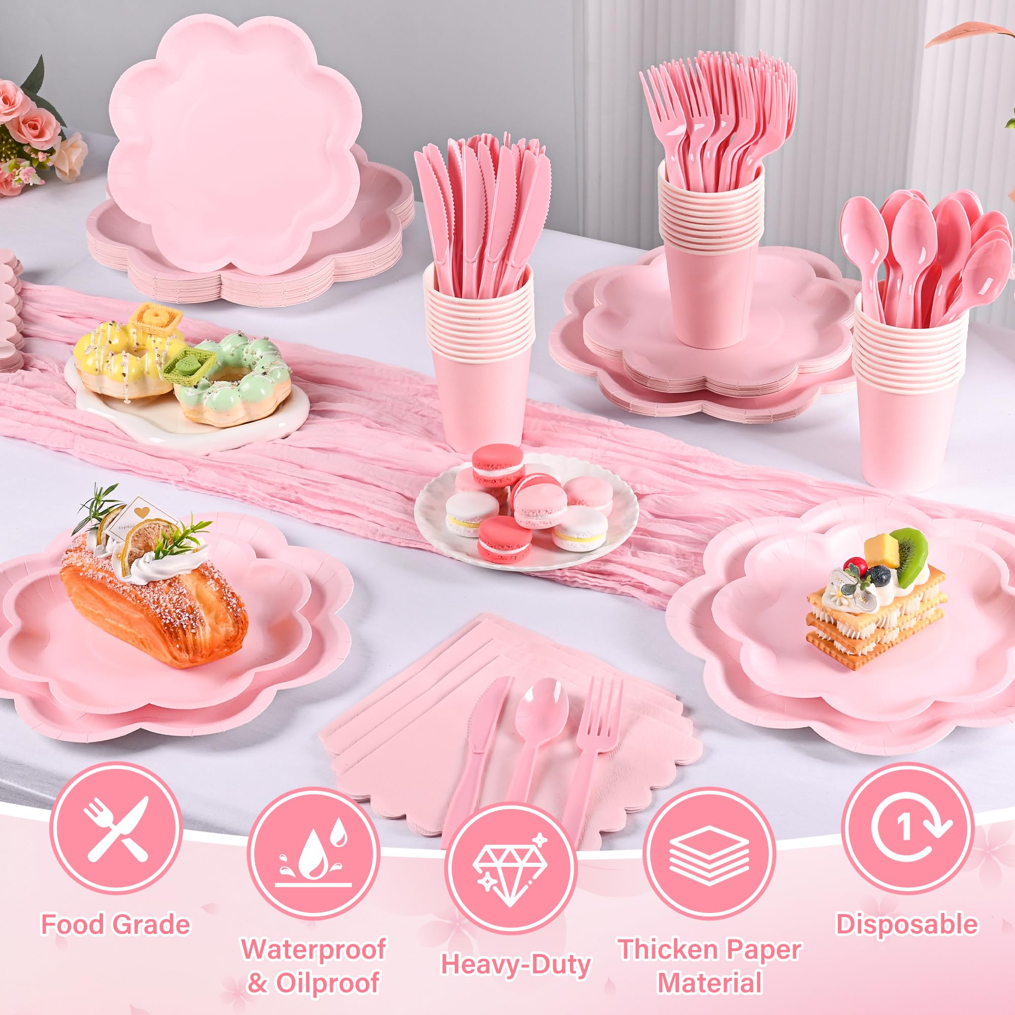 350 Pcs Pink Paper Plates and Napkins Set, Tableware Set for 50 Guests Include Disposable Pink Scalloped Plates, Napkins, Cups, Knives, Forks & Spoon for Baby Shower Mother's Day Wedding Birthday