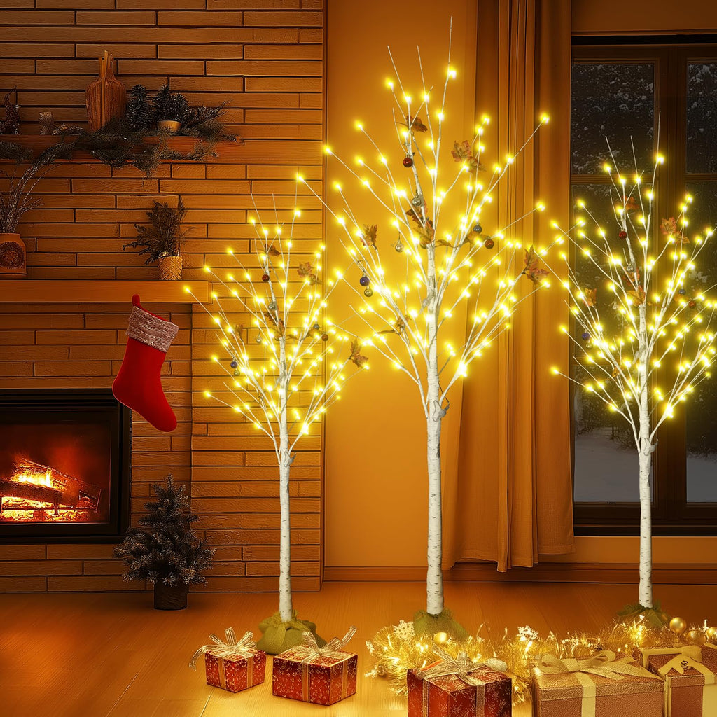 AWQM Lighted Birch Tree for Christmas Decor, Pack of 3 Prelit Christmas Tree 4ft 5ft 6ft, Warm White Christmas Tree for Indoor Christmas Decorations. (White)