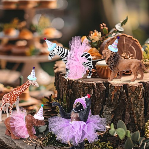 Weysat 27 Pcs Jungle Animal Cake Topper Animals Figures Birthday Party Decorations with Mini Hat with Pom Poms Jungle Toppers Decoration with Mini Skirt and Hat for Wild Animals Themed Party