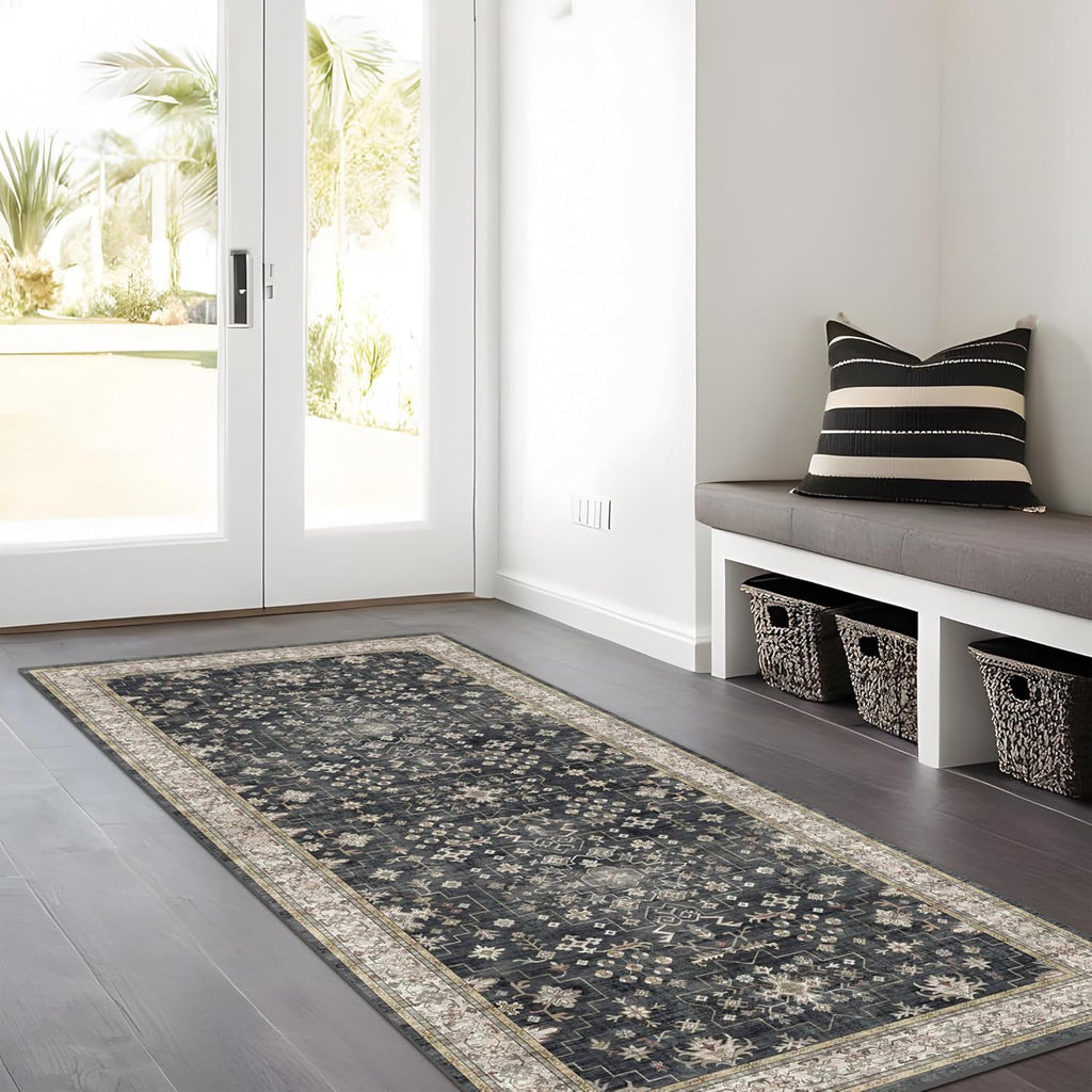 Skiennix Black Boho Kitchen Runner Rug - Washable, Non-Slip, Stain & Fade Resistant | 3x6 Vintage Floral Design
