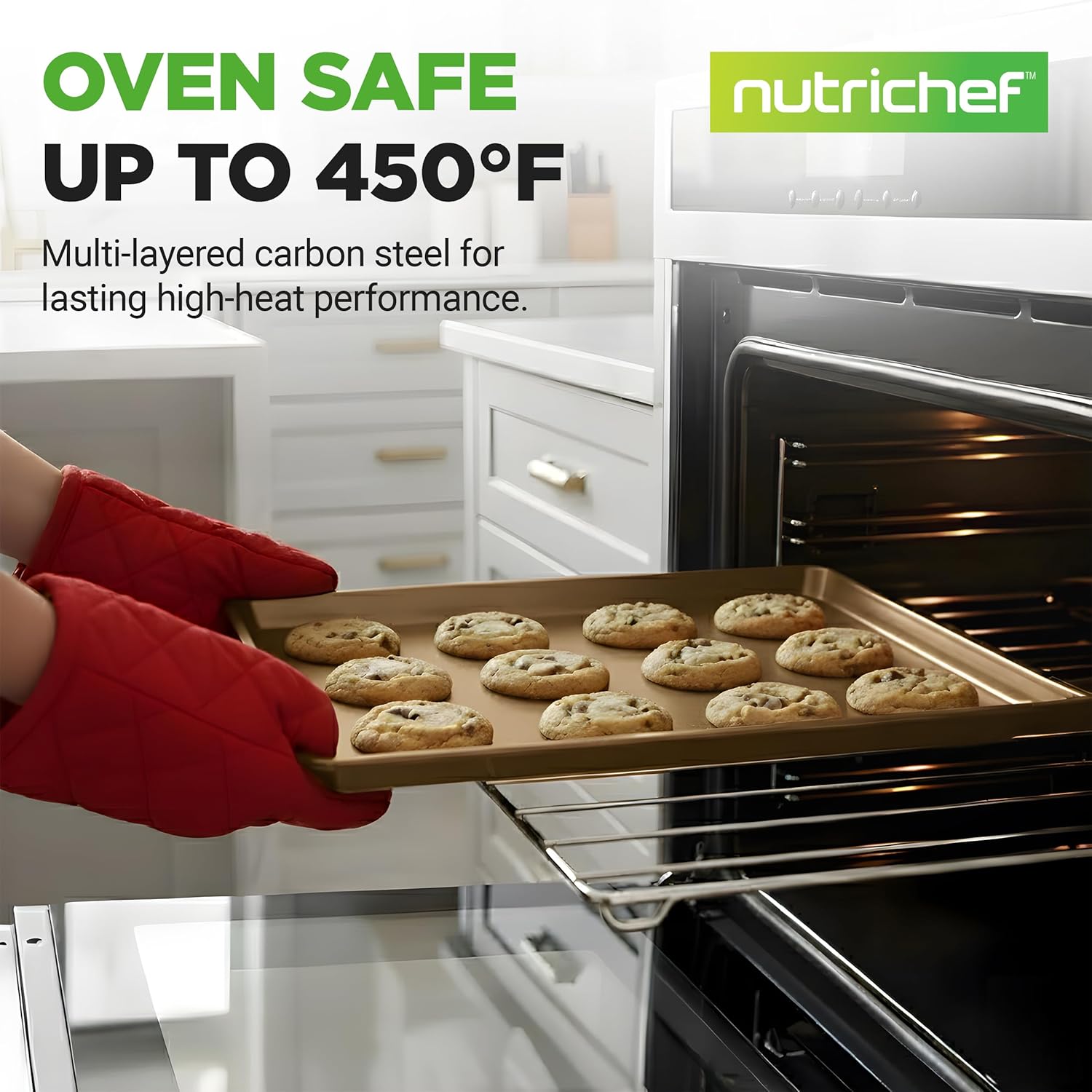 NutriChef Nonstick XL Cookie Sheet - Extra Large 22" x 16" Carbon Steel Baking Pan for Pastries & Desserts - Dishwasher Safe, Gold