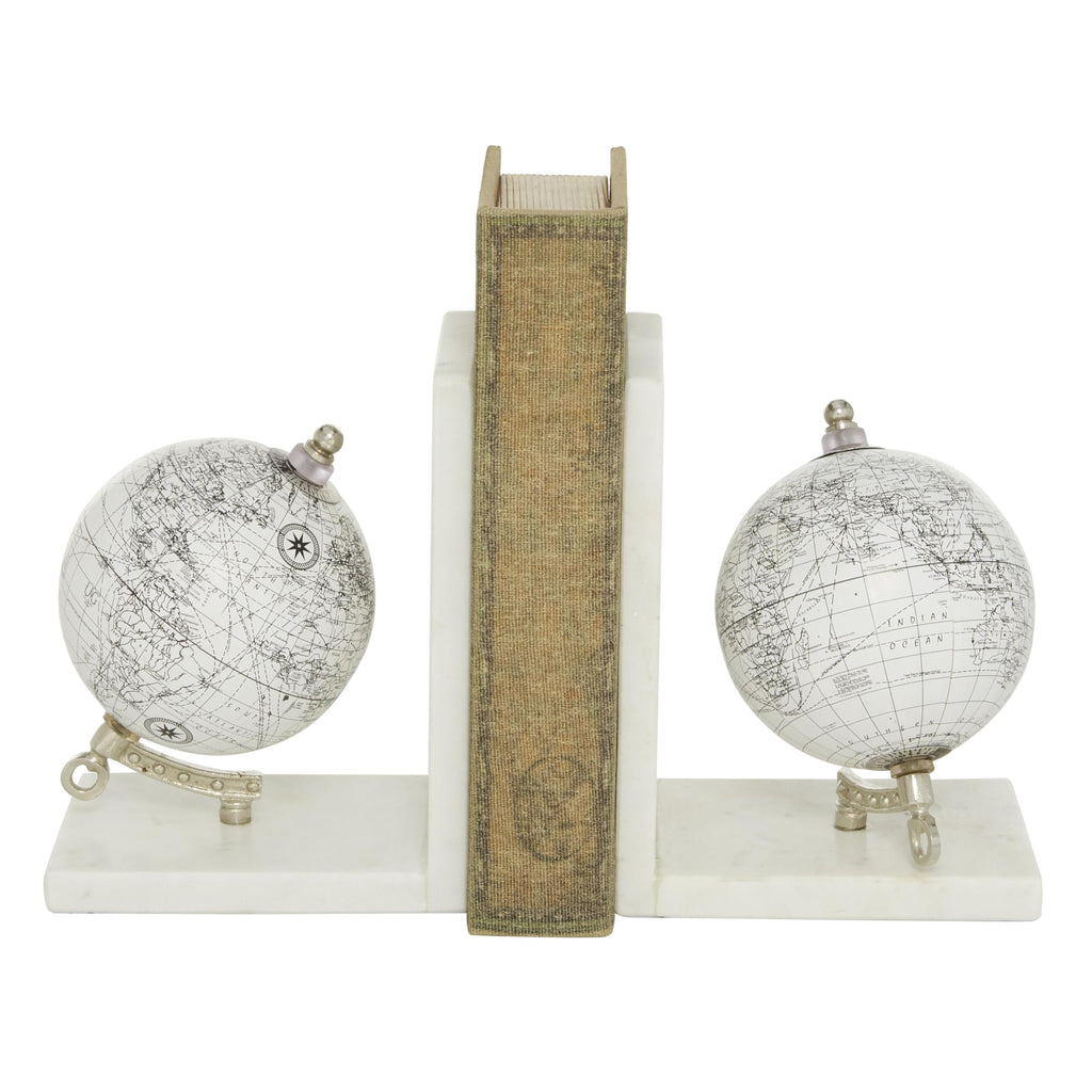 Deco 79 Marble Globe Decorative Bookends Non Skid Bookends with Silver Metal Accents, Set of 2 Office Bookends5"W, 7"H, White