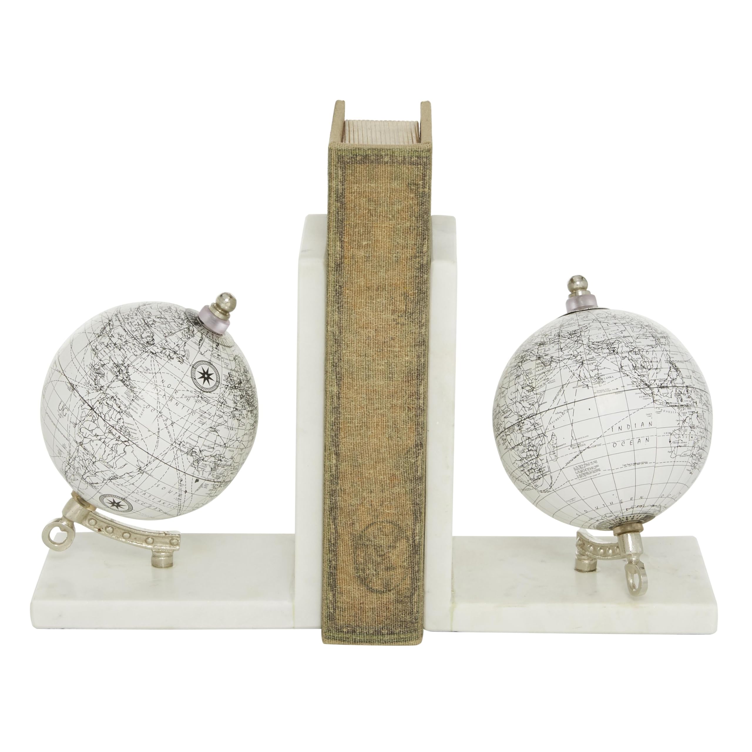 Deco 79 Marble Globe Decorative Bookends Non Skid Bookends with Silver Metal Accents, Set of 2 Office Bookends5"W, 7"H, White