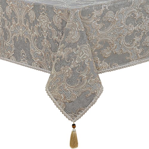 Loom and Mill Grey Damask Tablecloth 60 x 120 Inches, Thick Chenille Jacquard Rectangle Table Cover with Handmade Tassels for Dining Room Christmas Banquet Decorations (Grey, 60"x120")
