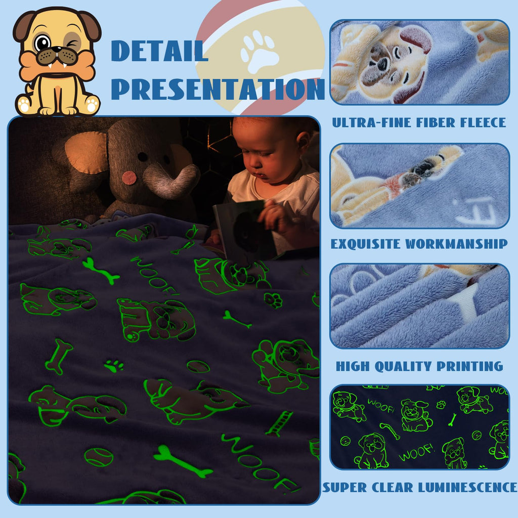 ORDM Glow in The Dark Blanket Dog Pattern Blankets Pug Gifts for Pug Lovers Doggy Throw Blanket Fleece for Kids Adults