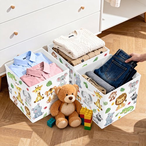 HUUMONSS 11.8" Jungle Animals Cube Storage Organizer Set 3Pcs Lion Giraffe Elephant Cube Storage Bin for Bathroom/Bedroom Parent Book Chest, Tiger