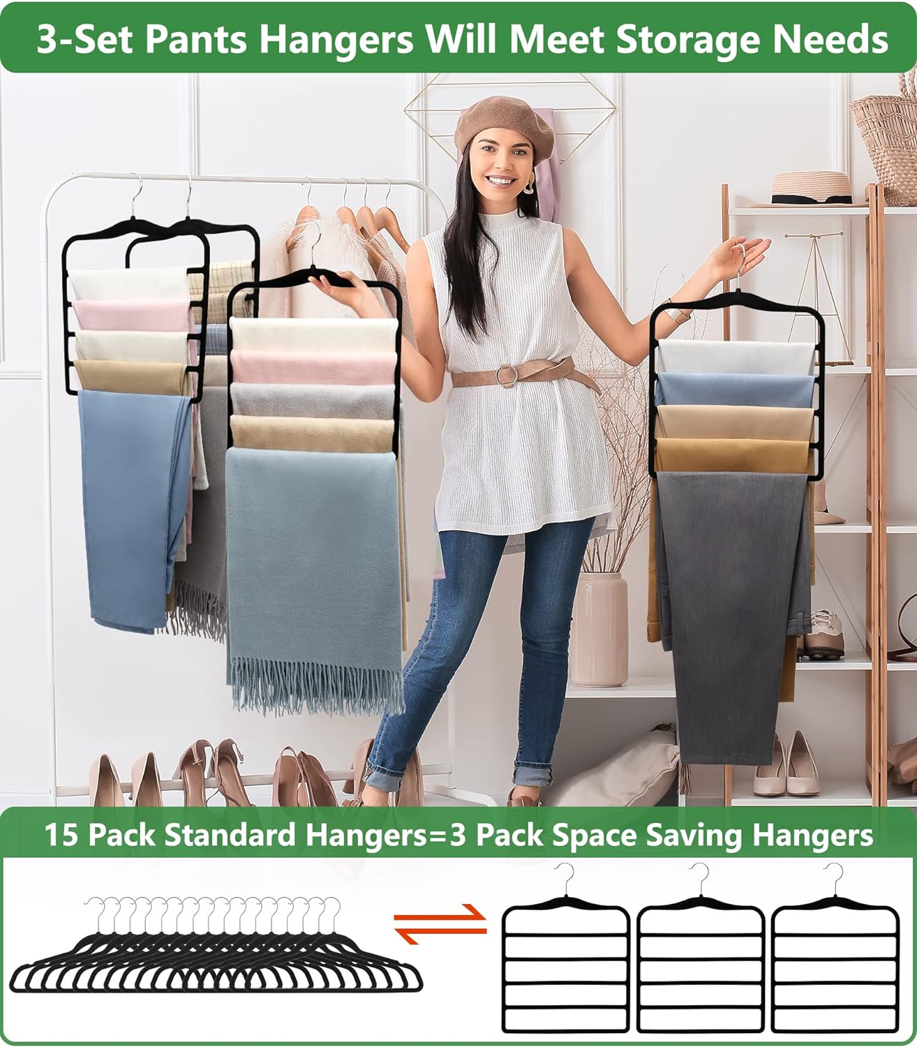 Skiennix Velvet Pants Hangers - Space-Saving Closet Organizers | 3-Pack for Dorm Rooms & College Students