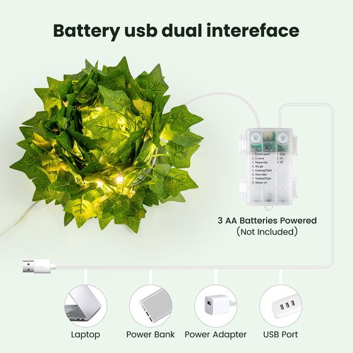 HEYFUNi Vines with Lights, 23 Ft 73 Led Fake Ivy Vines with Fairy Lights USB/Battery Operated, Leaf String Lights for Bedroom, Wall, Balcony, Wedding Decor, Warm White