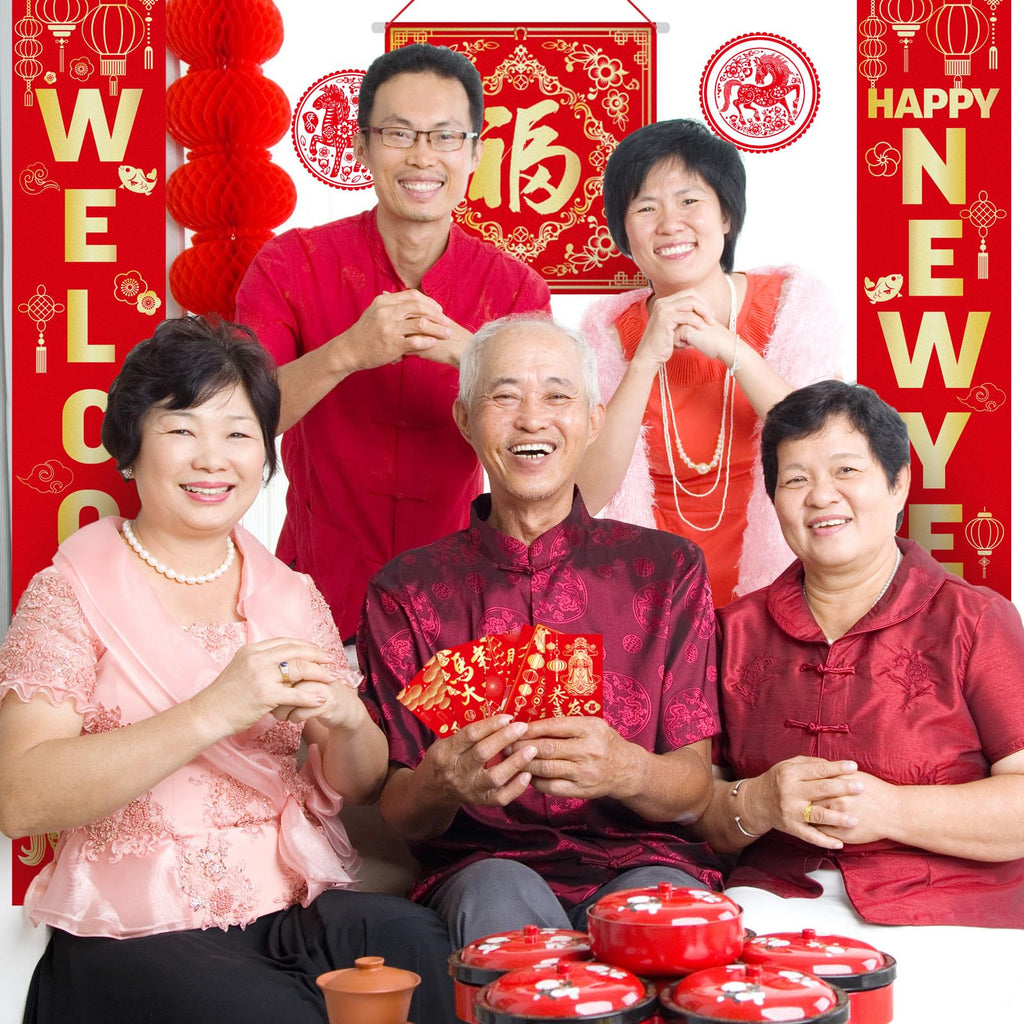 Marspark 20 Pcs Chinese New Year Decorations 2026 Set, Lunar Year Banner Decor Couplet Chunlian Fu Character Red Paper Lanterns Porch Sign Window Decor Envelope for Spring Home Office Festival Party