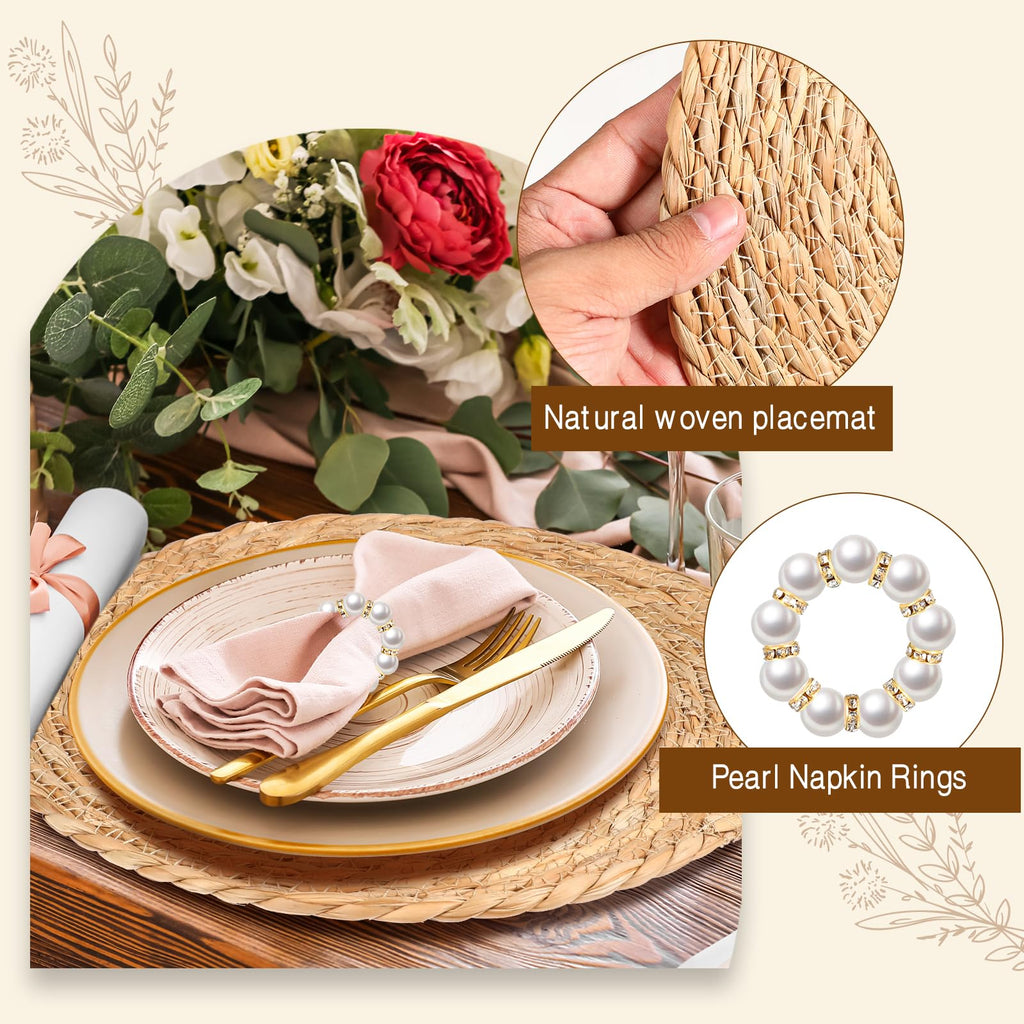 40 Pcs 12 Inch Round Woven Placemats with 20pcs Pearl Napkin Rings，Rattan Placemats Bulk Boho Woven Chargers Natural Water Hyacinth Place Mat for Wedding Party, Dinner Table