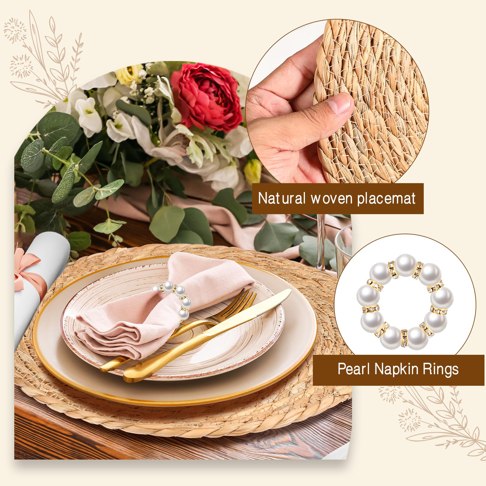 40 Pcs 12 Inch Round Woven Placemats with 20pcs Pearl Napkin Rings，Rattan Placemats Bulk Boho Woven Chargers Natural Water Hyacinth Place Mat for Wedding Party, Dinner Table