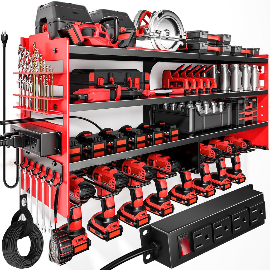 POKIPO Heavy-Duty Tool Organizer - Wall-Mounted Charging Station with 4 Outlet Power Strip | 600lbs Capacity