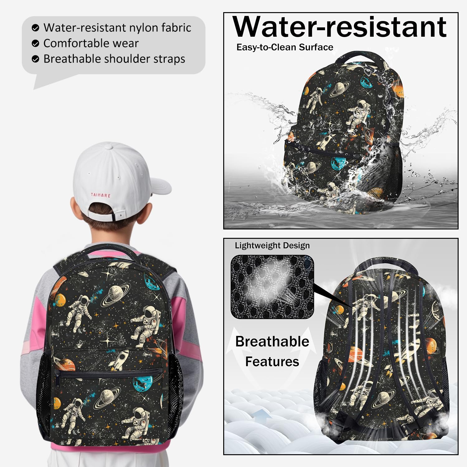 Jollitot Space Backpack for Boys with Insulated Lunch Box Pencil Case (3 Set), 17 Inch Large Lightweight School Bookbag for Elementary Middle School Kids, Waterproof Astronaut Travel Daypack (Black)