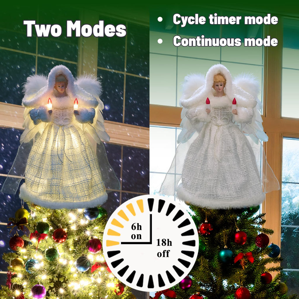 Cyraft Moving Angel Tree Topper with Lights, 12’’ White, Separately Controlled Flapping Wings and Bright LEDs, 6 On / 18 Off Hours Cycle