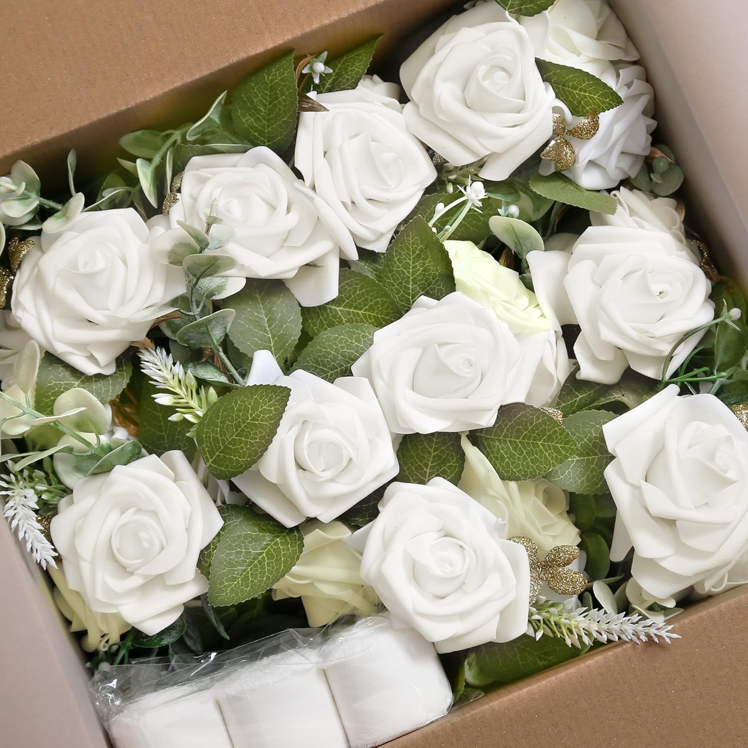 Skiennix Wedding Aisle Decorations - Set of 10 Artificial Pew Flowers with Eucalyptus & Ribbons | Elegant White Decor