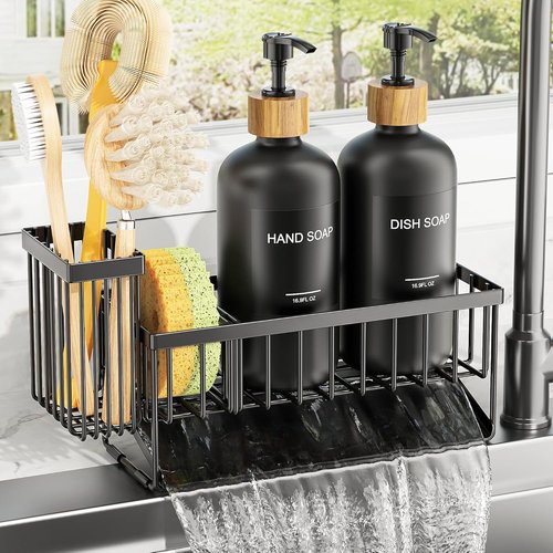 Cisily Dish Soap Dispenser Set - 2 Pack Black Glass Bottles with Adjustable Sponge Holder | 16.9oz