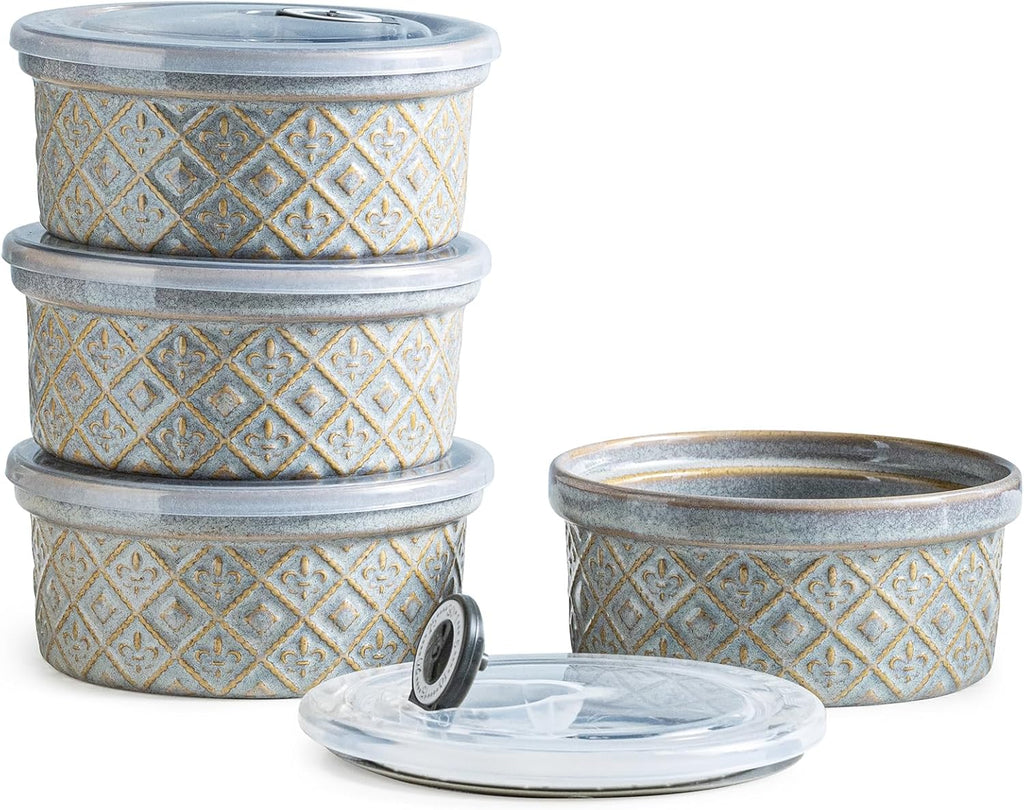 Skiennix 16 oz Ramekins with Lids - Oven Safe Ceramic Bowls for Crème Brûlée & Soufflé | Set of 4, Gray