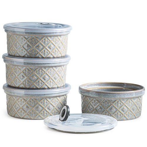 16 oz Ramekins with Lids Oven Safe, Ceramic Ramekins for Creme Brulee, Embossed Pudding Custard Ramekin for Baking Souffle, Porcelain Baking Bowls Set of 4, Gray
