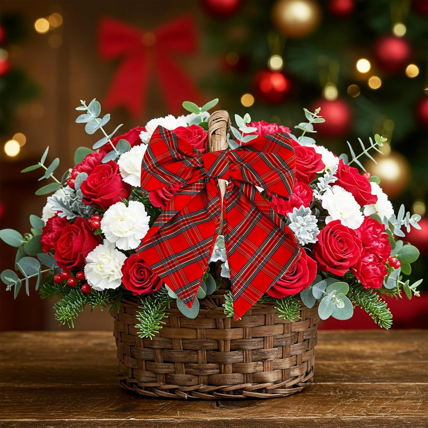 TONIFUL Wreath Sash - Red and Green Check Plaid Design | 4.5" x 56" Indoor/Outdoor Holiday Decor