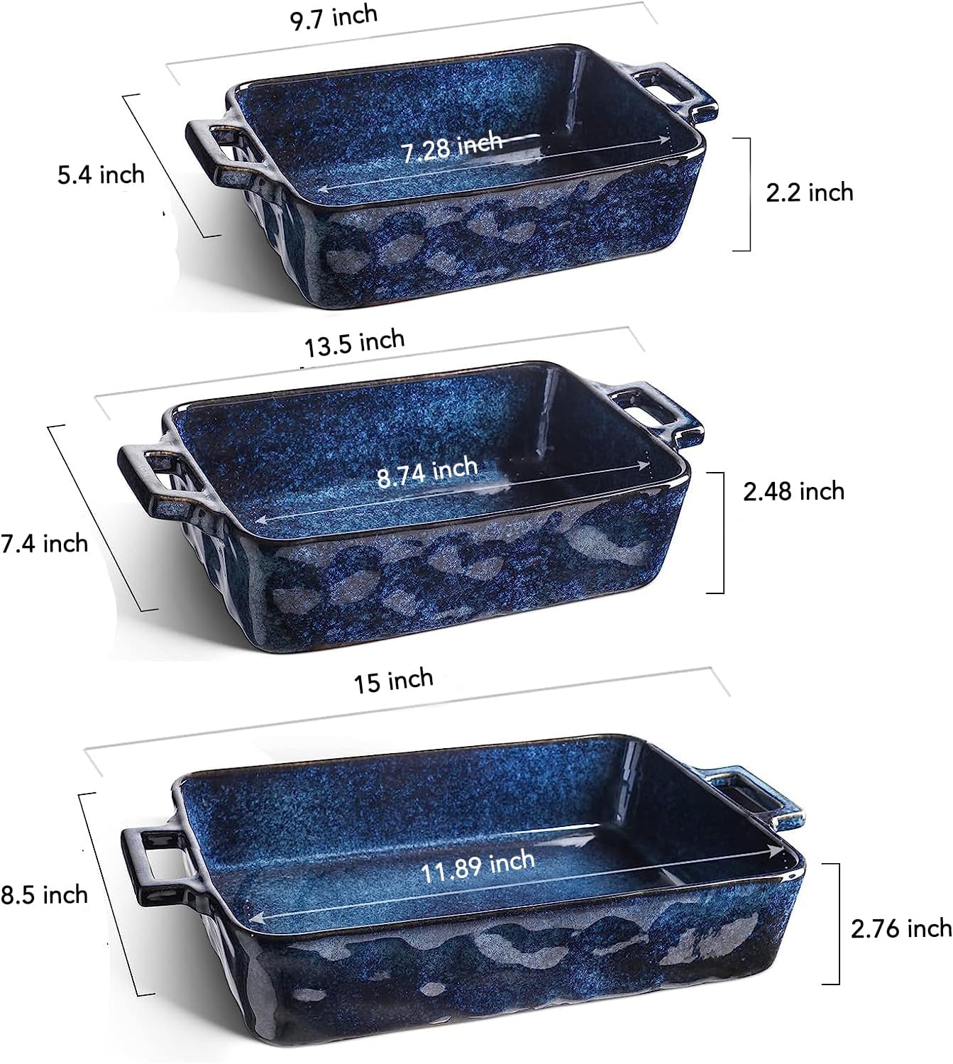 VICRAYS Ceramic Bakeware Set - Porcelain Lasagna Pans for Baking & Cooking | 3-Piece, 15 x 8.5 Inches (Blue)