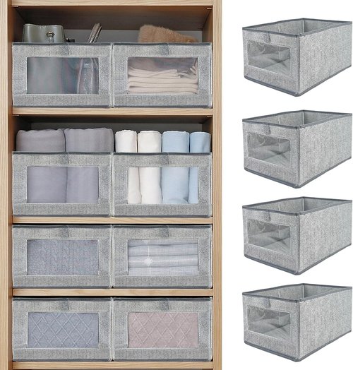 Linen Closet Storage Bins - 6 Pieces with Clear Window | Organize Clothes, Books & More