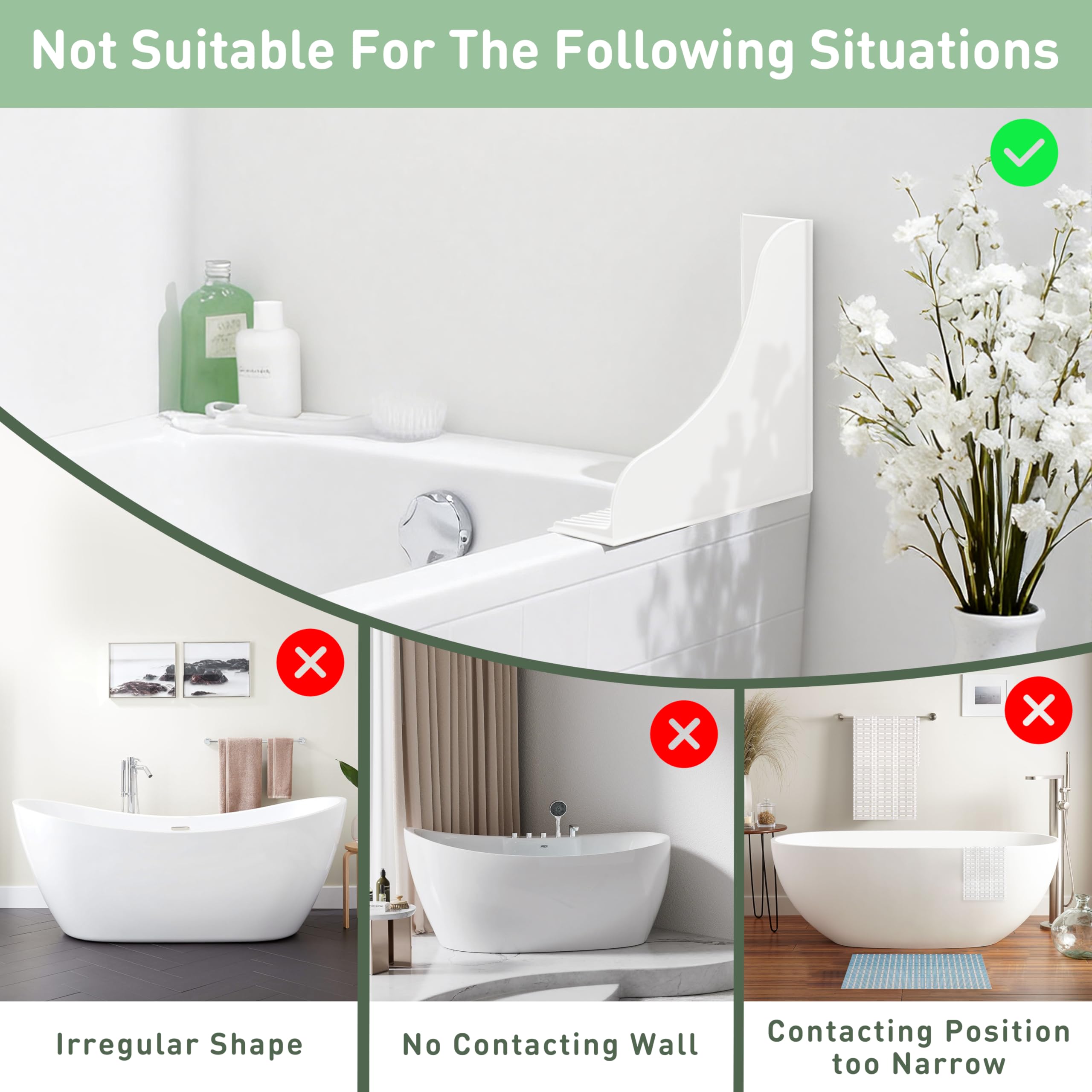 No-Adhesive 2-Pack All-Silicone Shower Splash Guard with Strong Suction Cups, Reusable Bath Tub Corner Water Blocker for Secure Seal&Easy Removal，Keep Water in Shower or Bath, One-Piece Design, White