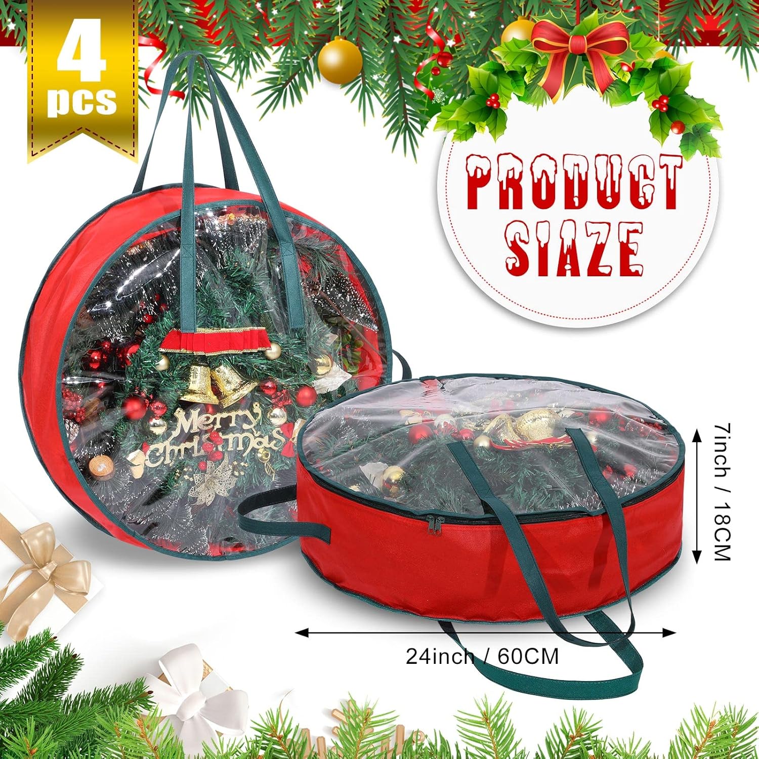 Shappy Wreath Storage Bag - 4 Pcs Red Clear Box with Window & Handle for Holiday Decor | 24 Inch