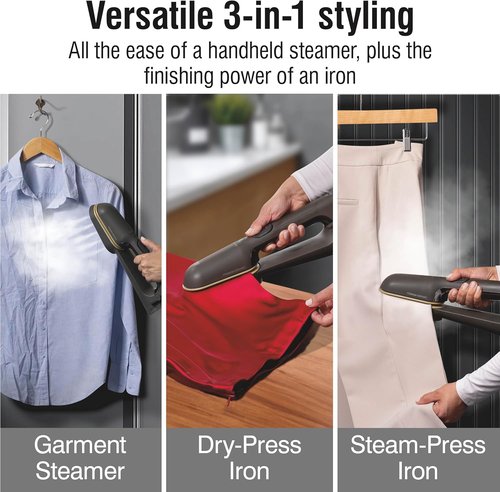 CHI SteamPress Handheld Garment Steamer - 3-in-1 Clamping Iron with 200ml Tank, Fast 25-Second Heat, Black