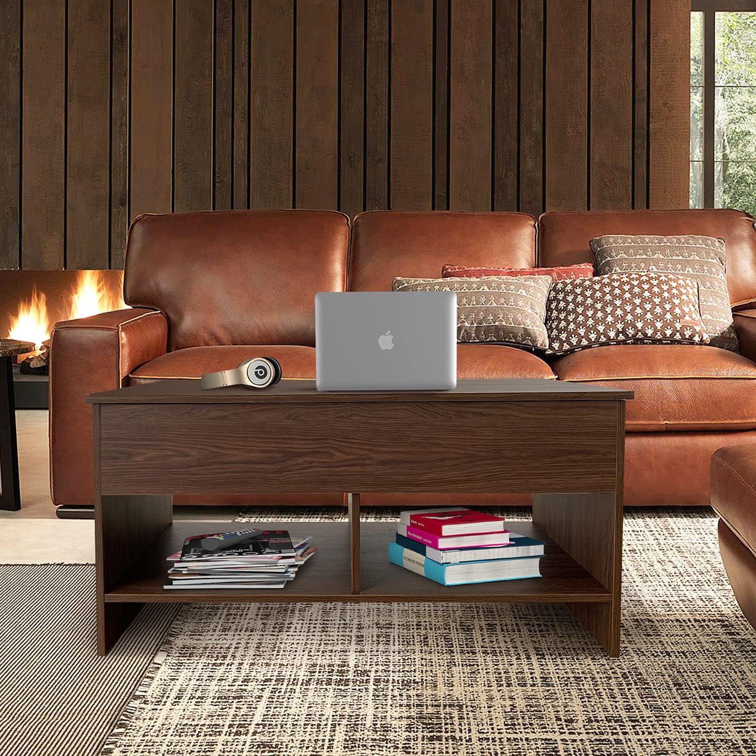 Skiennix Lift Top Coffee Table - Modern Pop-Up Design with Hidden Compartment & Storage Shelf | Brown